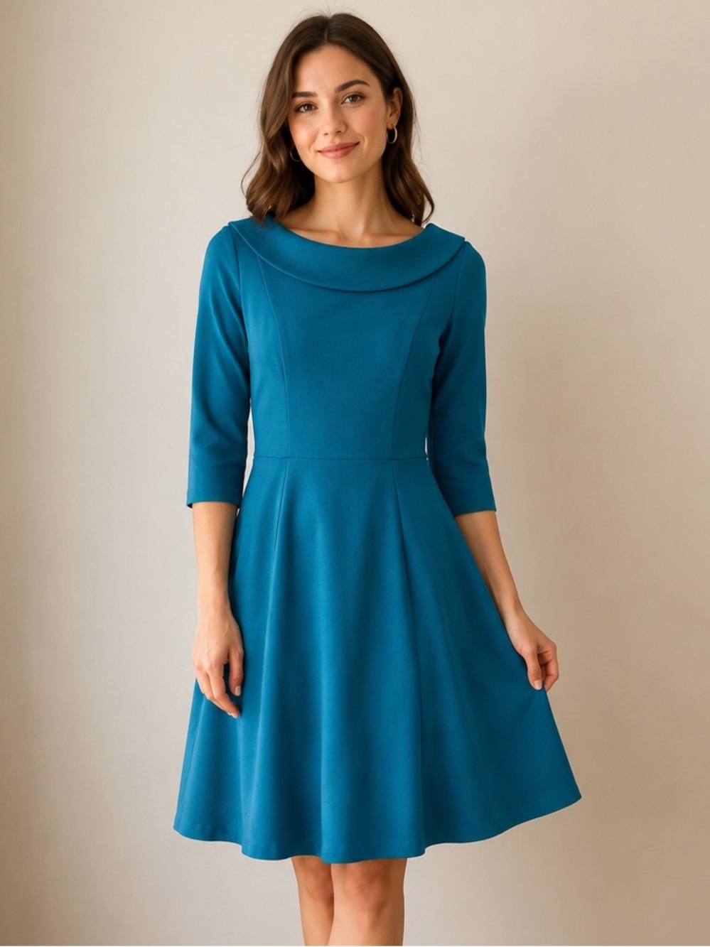 NWT Boden Teal Fit & Flare Dress Boat Neck 3/4 Sleeve Knee Length Size 4